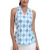 MoFiz Women Racerback Sleeveless Golf Polo Shirt V-Neck Collarless Tennis Running Tank Tops Quick Dry Athletic Casual(A-blue Plaid)