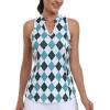 MoFiz Women Racerback Sleeveless Golf Polo Shirt V-Neck Collarless Tennis Running Tank Tops Quick Dry Athletic Casual(A-green Plaid)