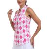 MoFiz Women Racerback Sleeveless Golf Polo Shirt V-Neck Collarless Tennis Running Tank Tops Quick Dry Athletic Casual(A-pink Plaid)