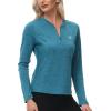 MoFiz Women’s Golf Polo Shirt UPF 50+ Sun Protection 1/4 Zip Long Sleeve Pullover Tops Quick Dry Athletic Sport T-Shirt(Sea Blue)