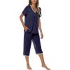 JINSHI Women’s Pajamas Set Short Sleeve Top and Capri Pants Lightweight Sleepwear Comfy Pjs Lounge Set with Pockets(Navy Blue)
