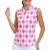 JINSHI Women’s Sleeveless Golf Shirts Tennis Shirt Quick Dry Pickleball Shirts UPF 50+ Sportswear T-Shirts with Zipper(B04-rose Pink Argyle)