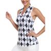 MoFiz Women Racerback Sleeveless Golf Polo Shirt V-Neck Collarless Tennis Running Tank Tops Quick Dry Athletic Casual(A-black-grey Plaid)