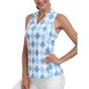 MoFiz Women Racerback Sleeveless Golf Polo Shirt V-Neck Collarless Tennis Running Tank Tops Quick Dry Athletic Casual(A-blue Plaid)