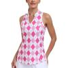 MoFiz Women Racerback Sleeveless Golf Polo Shirt V-Neck Collarless Tennis Running Tank Tops Quick Dry Athletic Casual(A-pink Plaid)