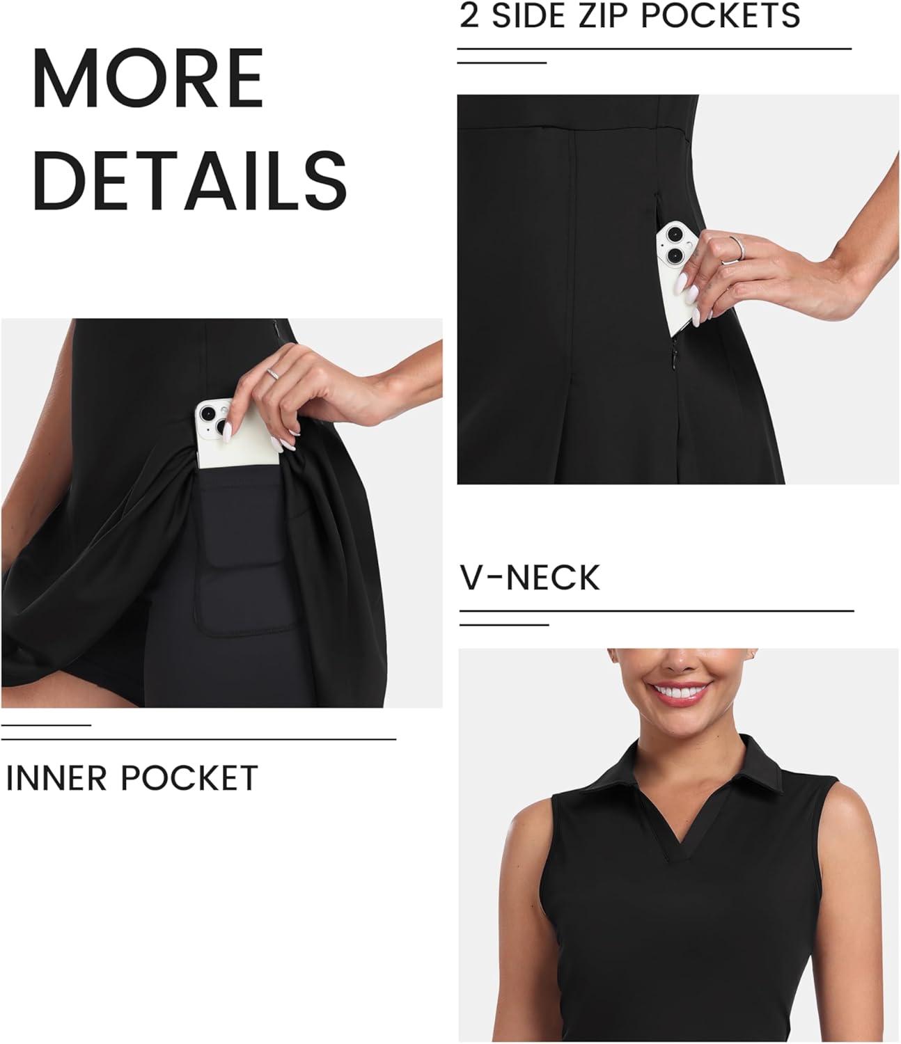 imageJINSHI Womens Tennis Golf Dress Workout Casual Short Sleeve Dresses with Shorts and Pockets Moisture WickingBlack 02