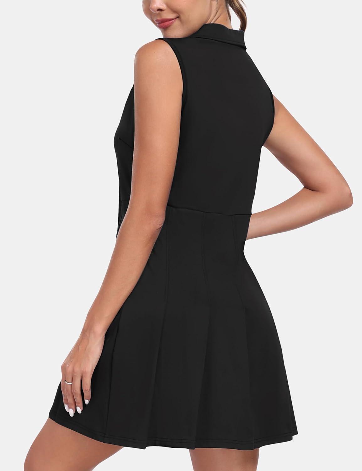 imageJINSHI Womens Tennis Golf Dress Workout Casual Short Sleeve Dresses with Shorts and Pockets Moisture WickingBlack 02