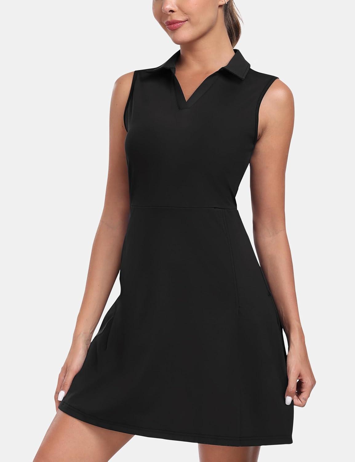 imageJINSHI Womens Tennis Golf Dress Workout Casual Short Sleeve Dresses with Shorts and Pockets Moisture WickingBlack 02