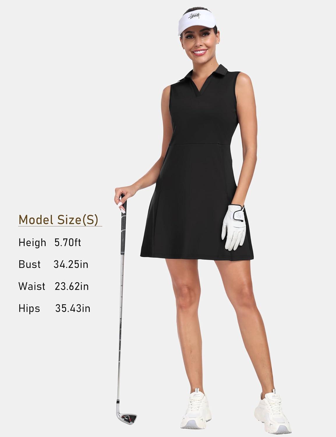 imageJINSHI Womens Tennis Golf Dress Workout Casual Short Sleeve Dresses with Shorts and Pockets Moisture WickingBlack 02