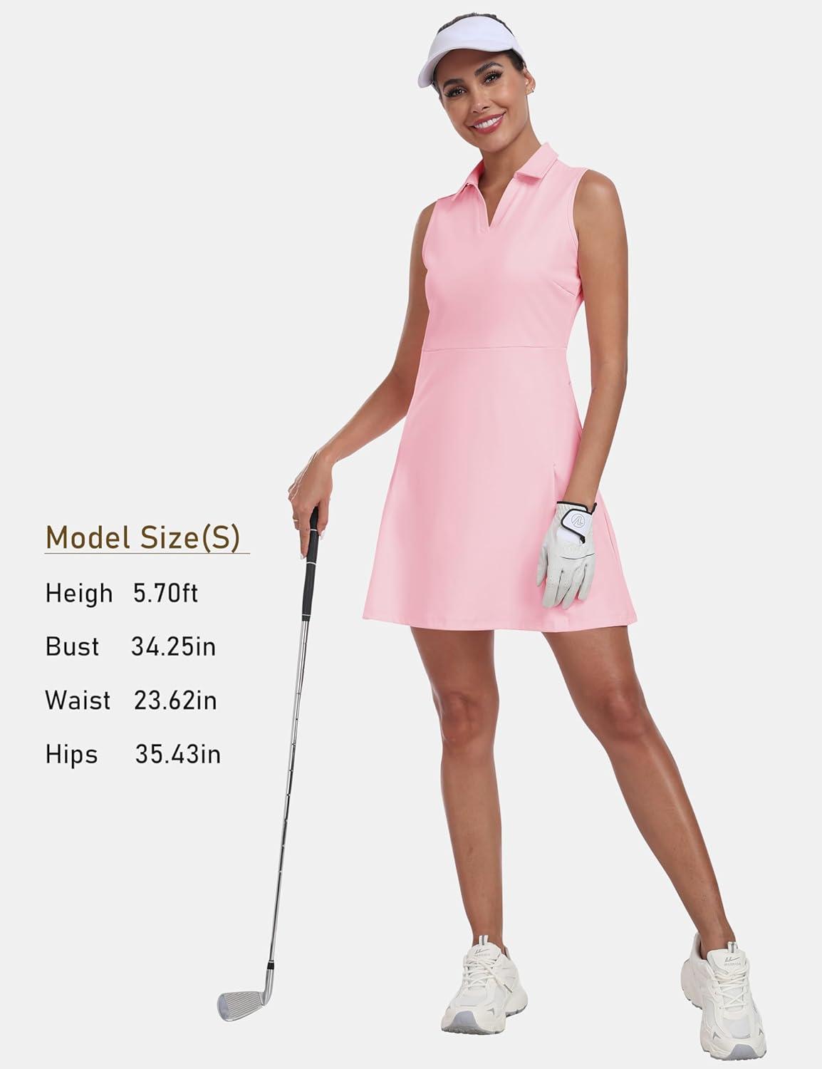 imageJINSHI Womens Tennis Golf Dress Workout Casual Short Sleeve Dresses with Shorts and Pockets Moisture WickingPink 02