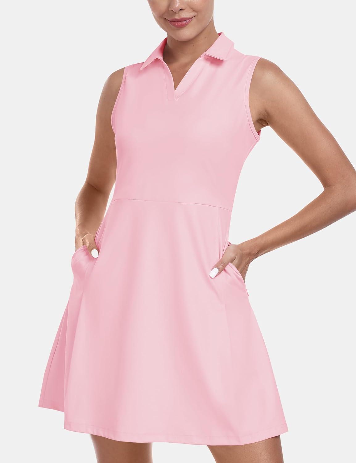 imageJINSHI Womens Tennis Golf Dress Workout Casual Short Sleeve Dresses with Shorts and Pockets Moisture WickingPink 02