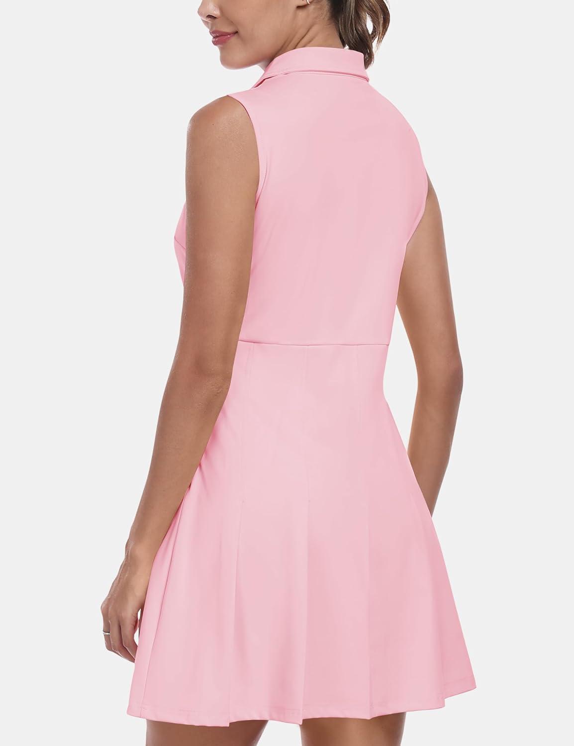 imageJINSHI Womens Tennis Golf Dress Workout Casual Short Sleeve Dresses with Shorts and Pockets Moisture WickingPink 02