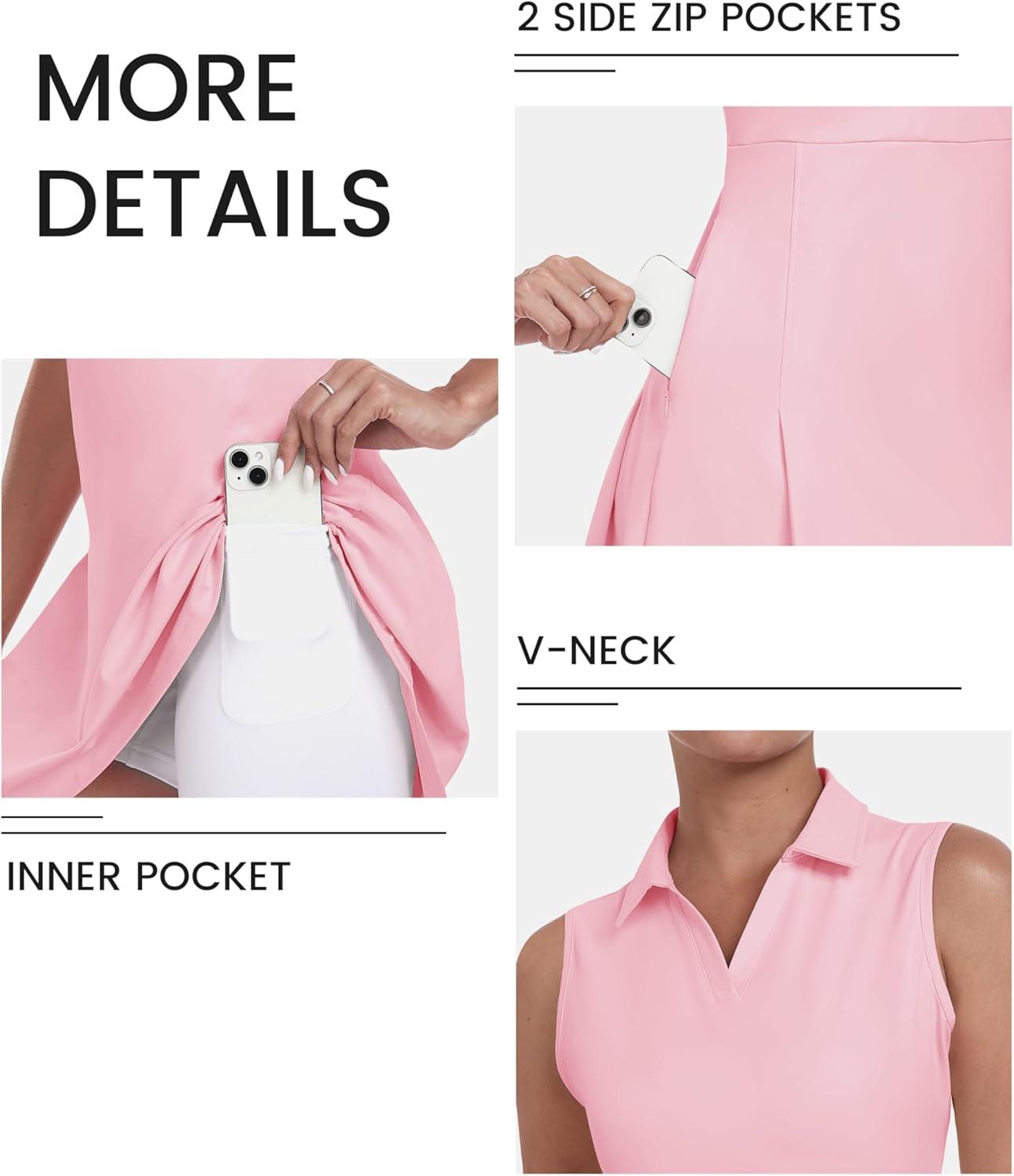 imageJINSHI Womens Tennis Golf Dress Workout Casual Short Sleeve Dresses with Shorts and Pockets Moisture WickingPink 02