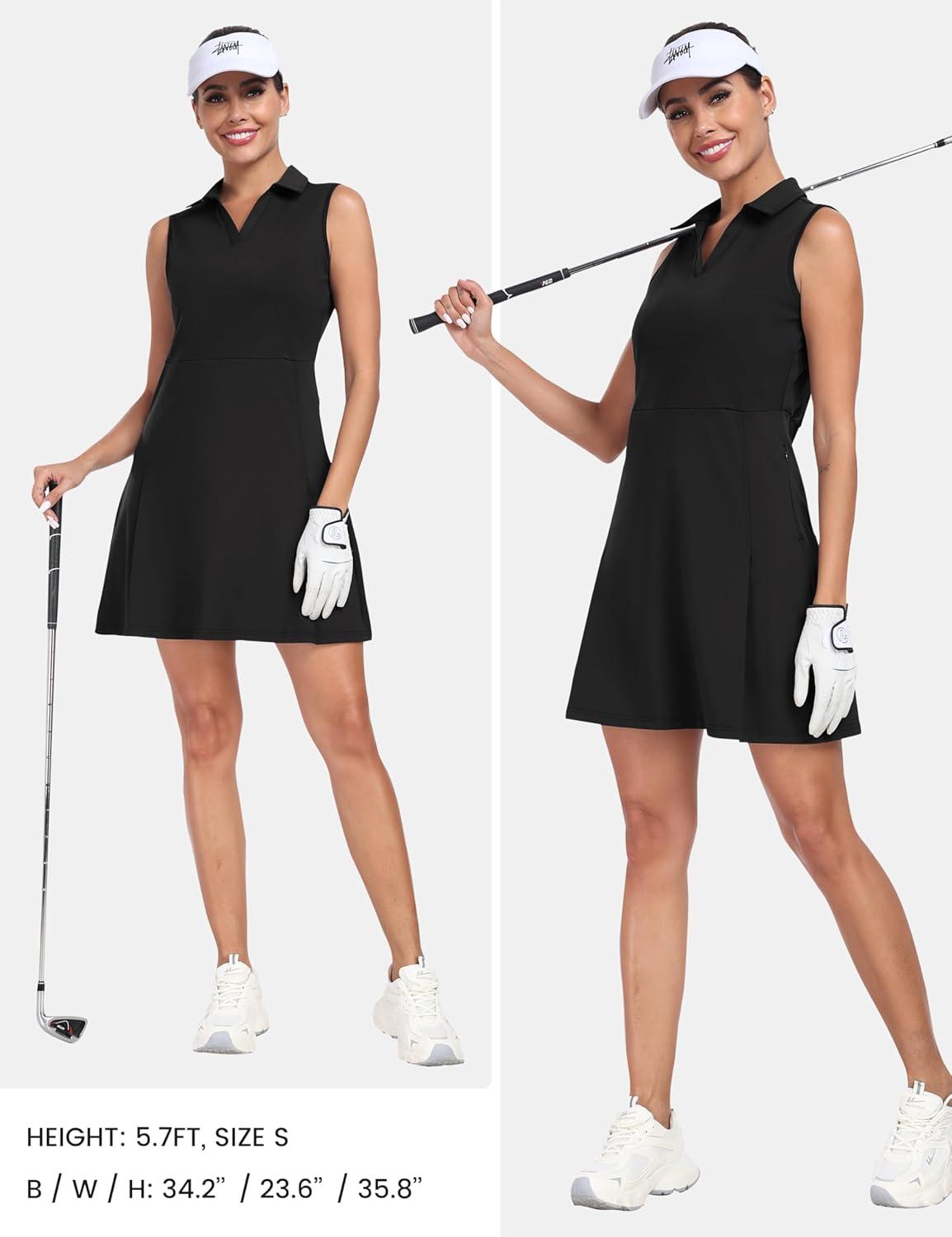 imageMoFiz Womens Black Sleeveless VNeck Mini Dress with Shorts  Casual Golf Tennis Dress  MediumAblack
