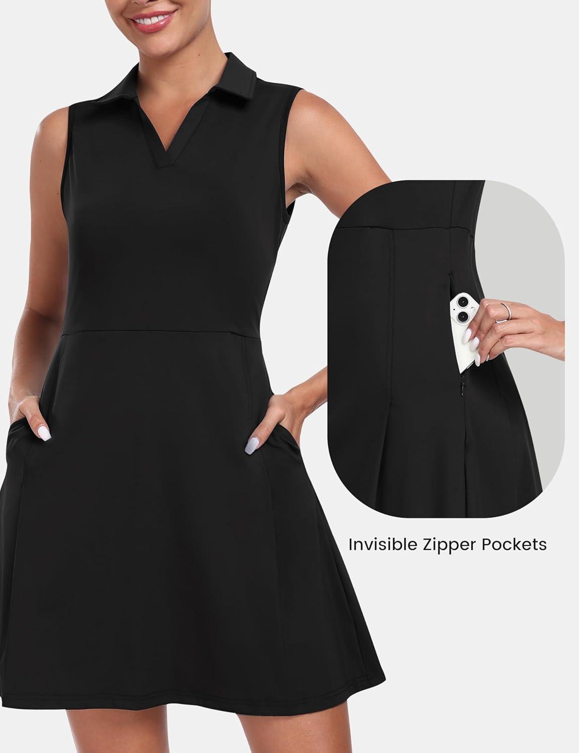 imageMoFiz Womens Black Sleeveless VNeck Mini Dress with Shorts  Casual Golf Tennis Dress  MediumAblack