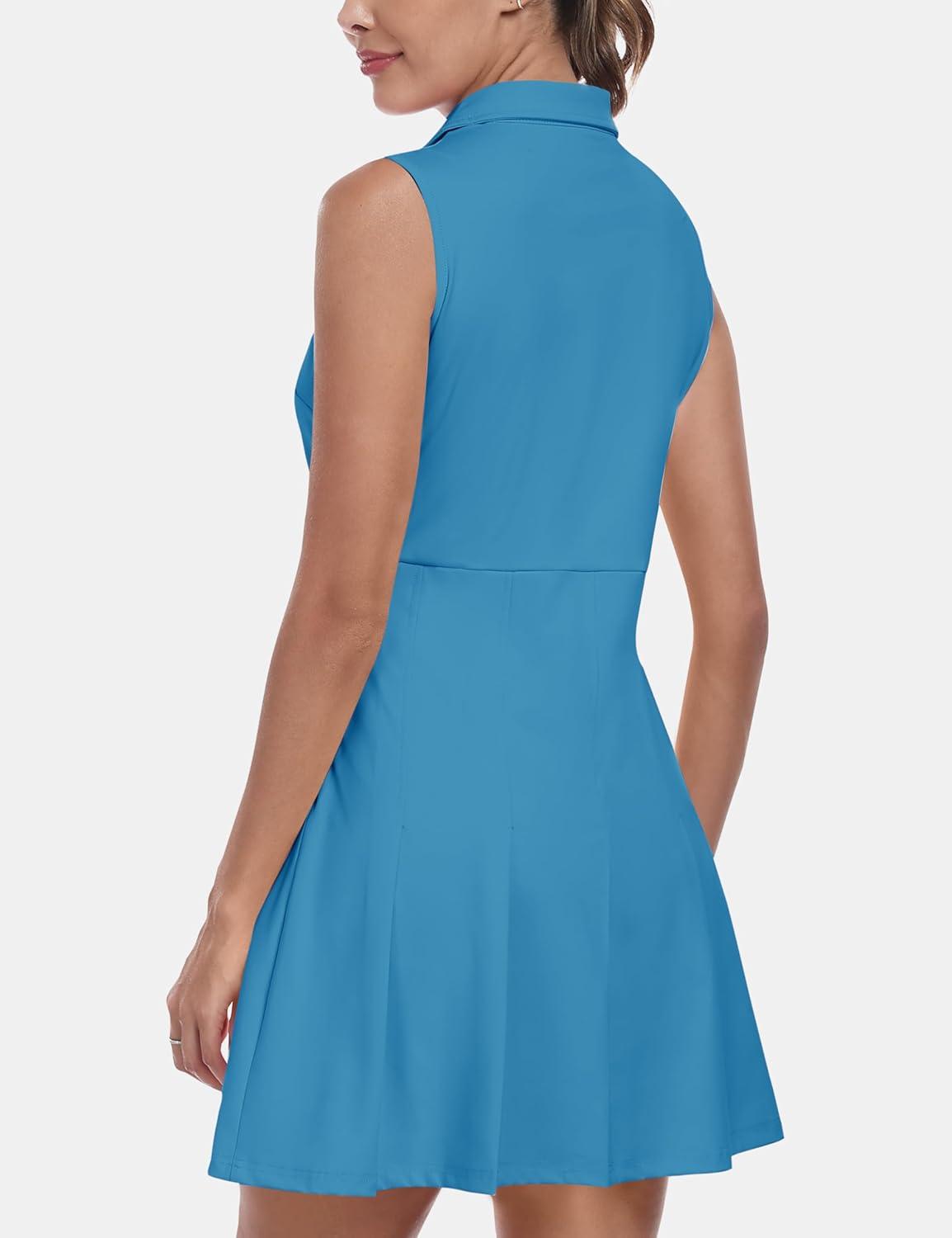 imageMoFiz Womens Black Sleeveless VNeck Mini Dress with Shorts  Casual Golf Tennis Dress  MediumAblue