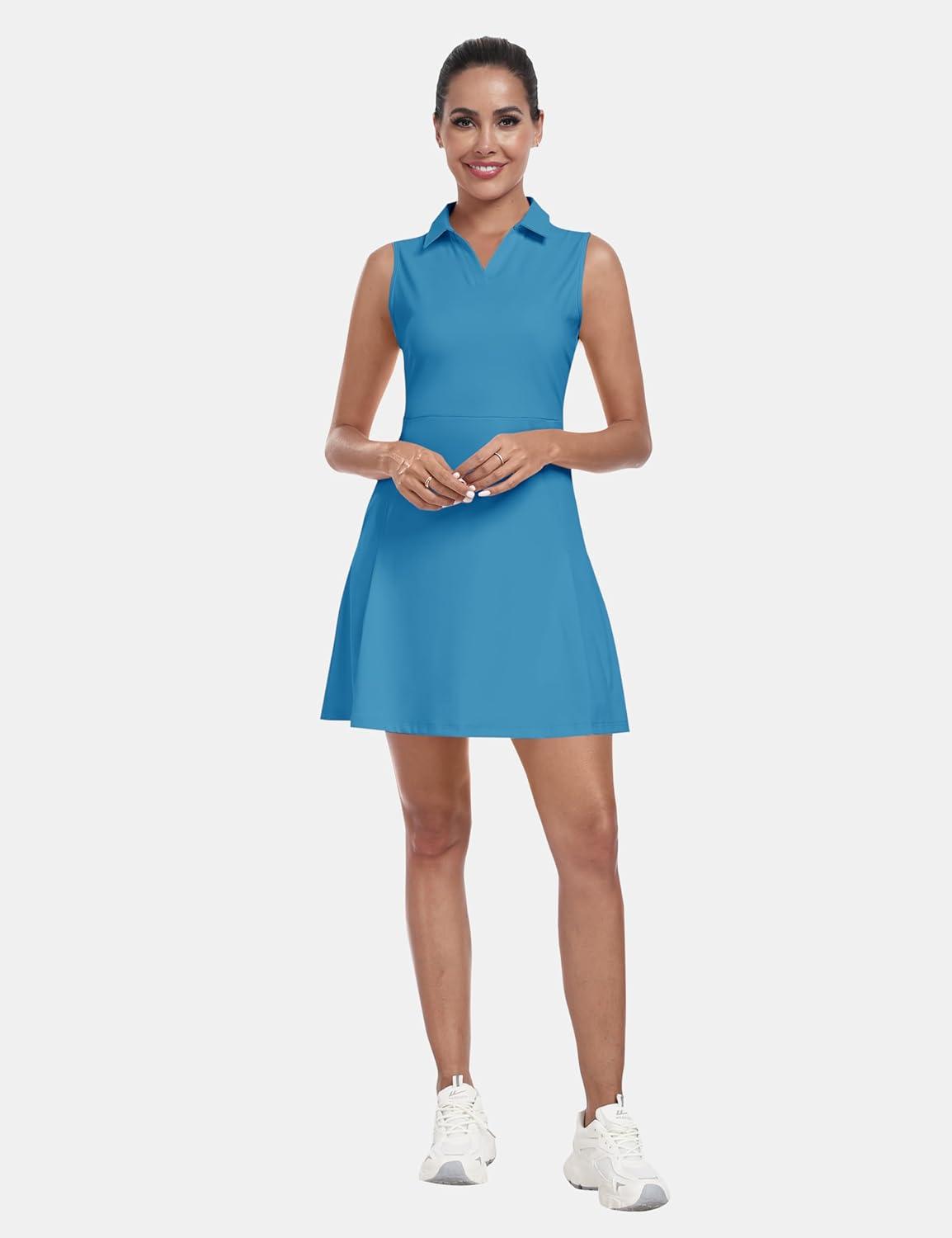 imageMoFiz Womens Black Sleeveless VNeck Mini Dress with Shorts  Casual Golf Tennis Dress  MediumAblue