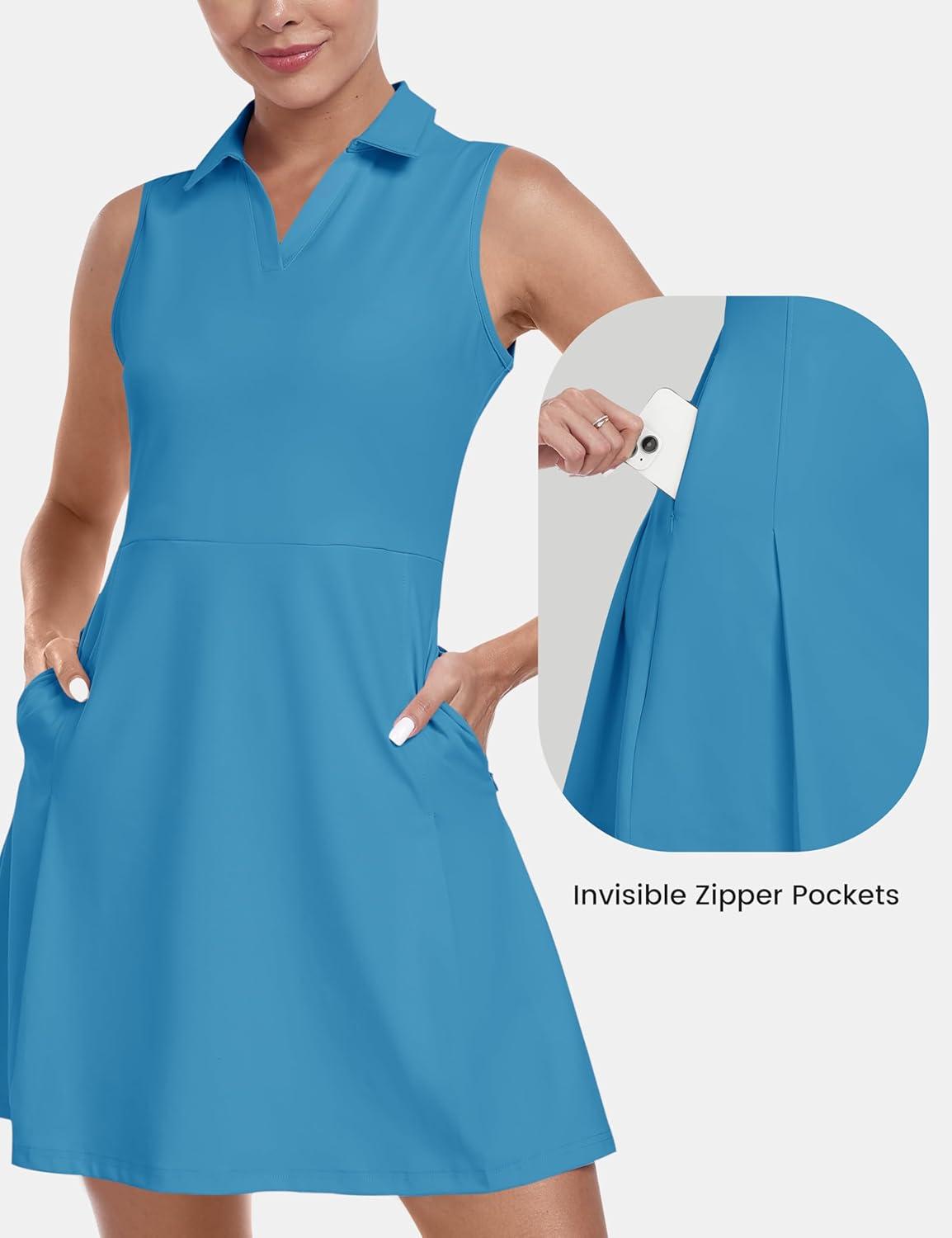 imageMoFiz Womens Black Sleeveless VNeck Mini Dress with Shorts  Casual Golf Tennis Dress  MediumAblue