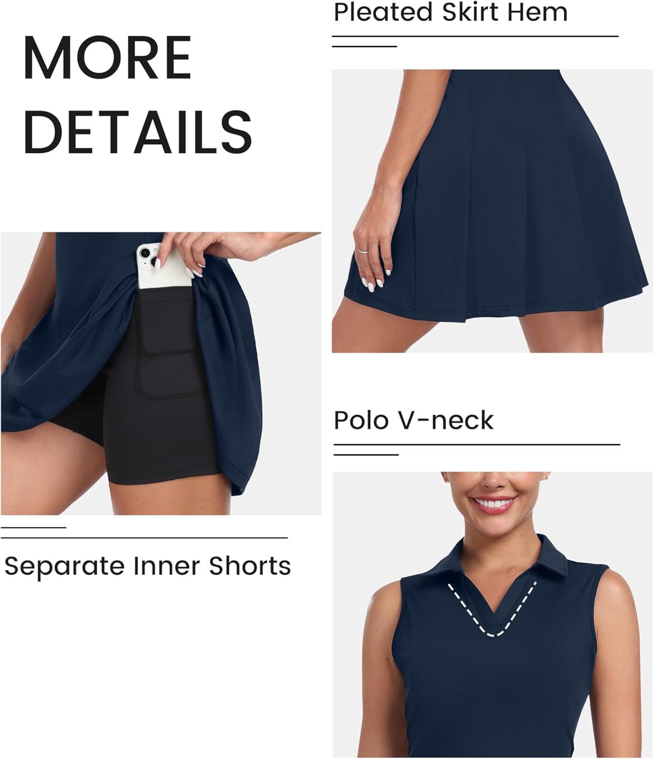 imageMoFiz Womens Black Sleeveless VNeck Mini Dress with Shorts  Casual Golf Tennis Dress  MediumAnavy Blue