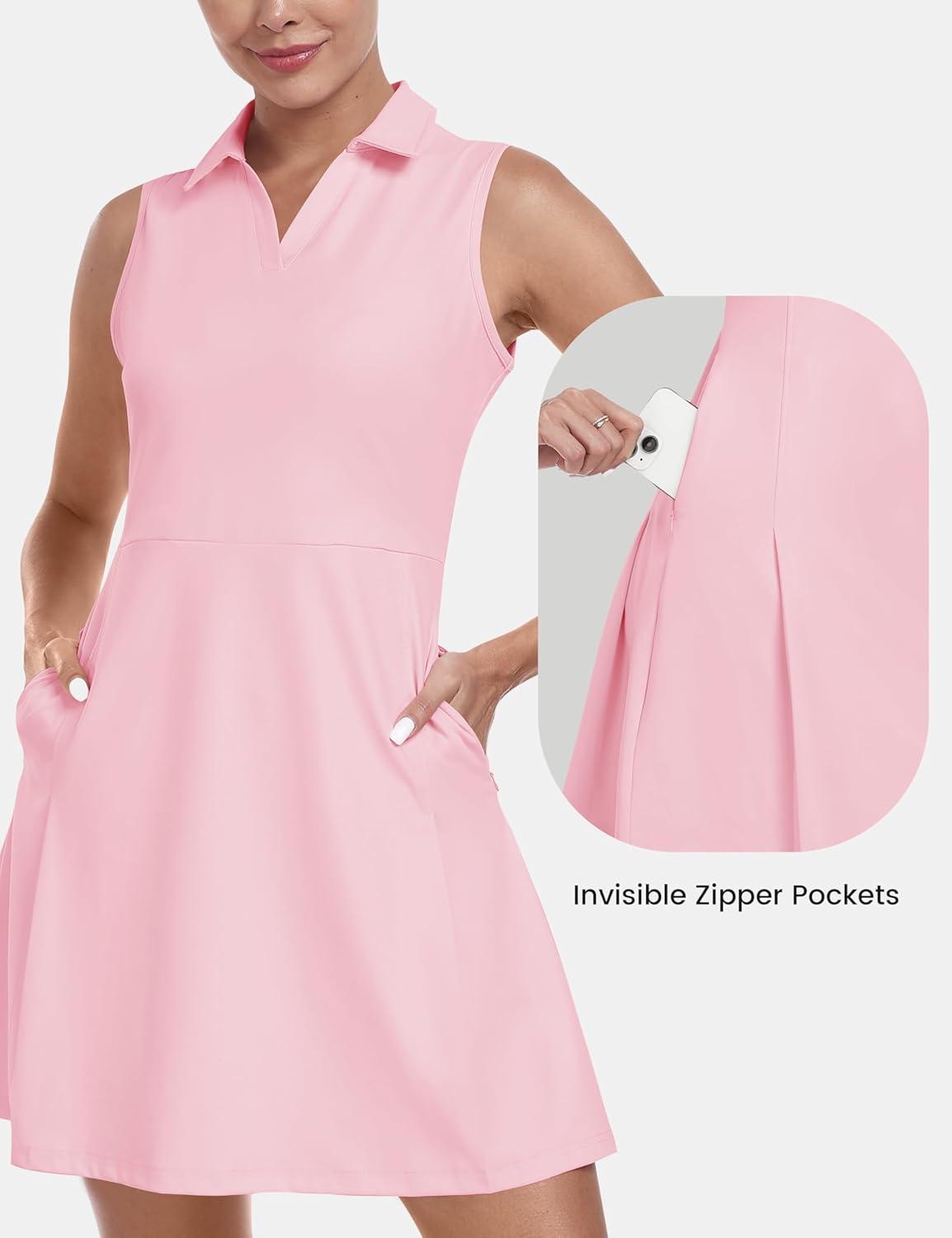 imageMoFiz Womens Black Sleeveless VNeck Mini Dress with Shorts  Casual Golf Tennis Dress  MediumApink