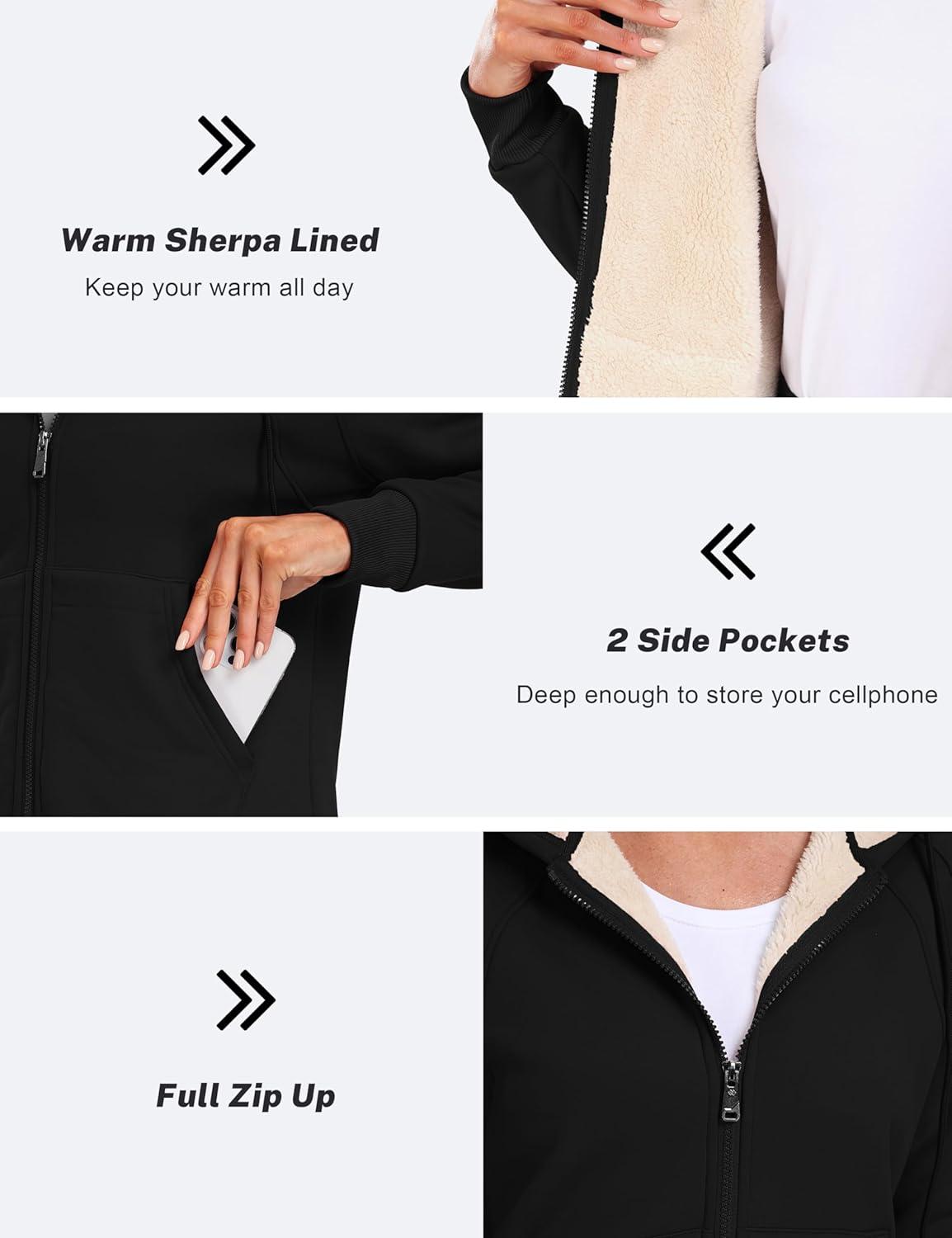 imageMoFiz Womens Fleece Zip Up Hoodie Warm and Cozy Sherpa Lined Sweatshirt Winter Hoodie Jackets for Women with PocketsBlack