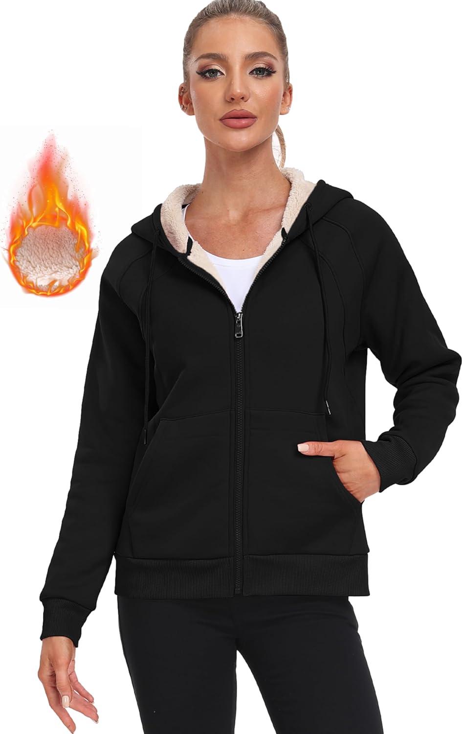 imageMoFiz Womens Fleece Zip Up Hoodie Warm and Cozy Sherpa Lined Sweatshirt Winter Hoodie Jackets for Women with PocketsBlack