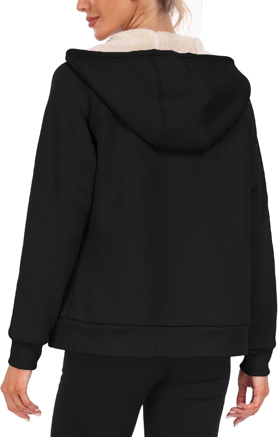 imageMoFiz Womens Fleece Zip Up Hoodie Warm and Cozy Sherpa Lined Sweatshirt Winter Hoodie Jackets for Women with PocketsBlack