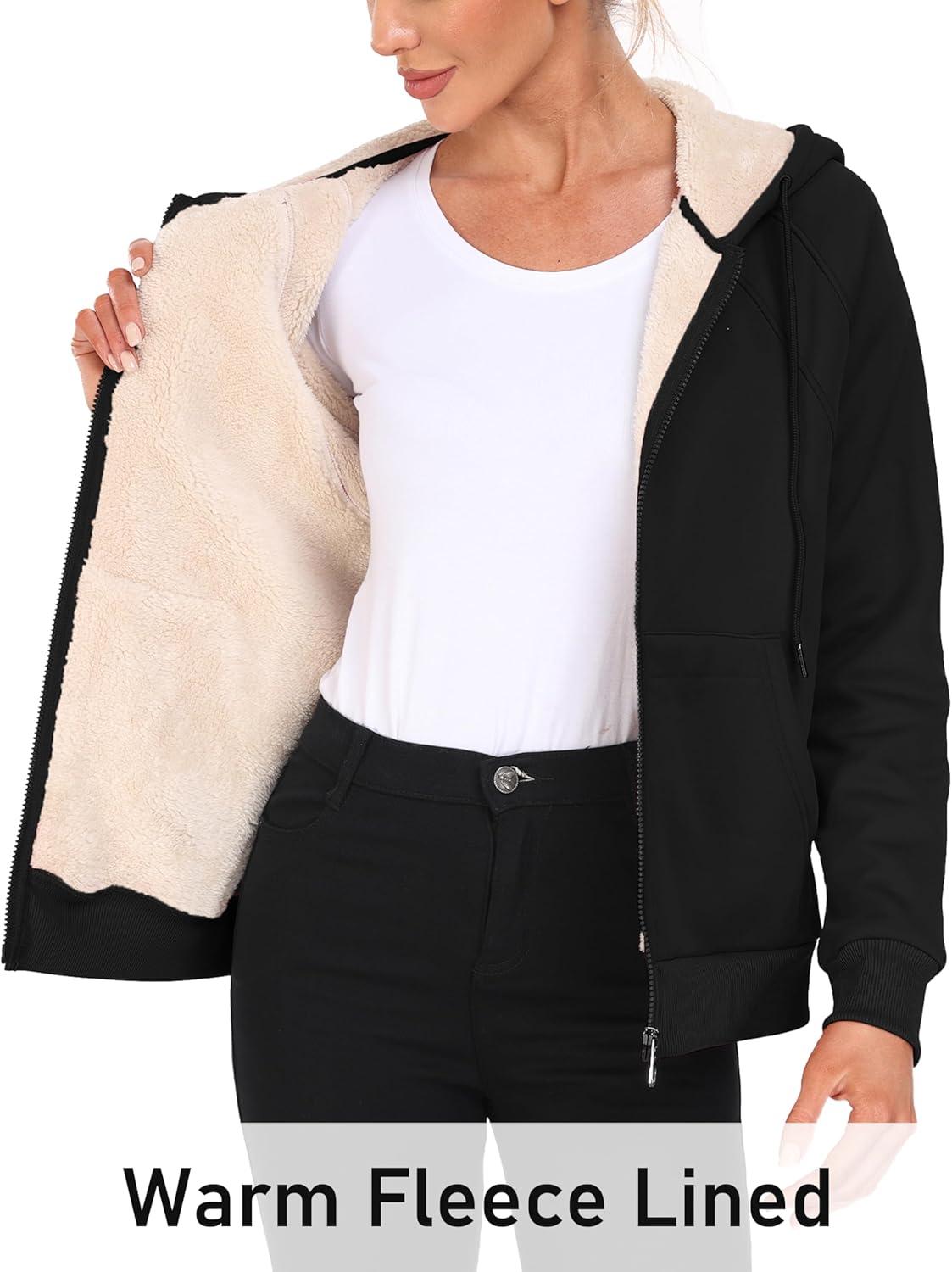 imageMoFiz Womens Fleece Zip Up Hoodie Warm and Cozy Sherpa Lined Sweatshirt Winter Hoodie Jackets for Women with PocketsBlack