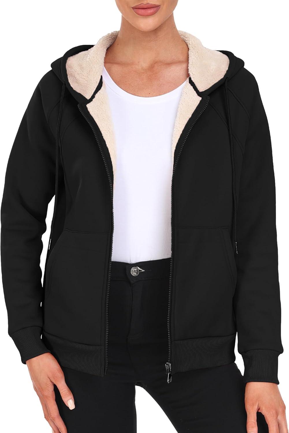 imageMoFiz Womens Fleece Zip Up Hoodie Warm and Cozy Sherpa Lined Sweatshirt Winter Hoodie Jackets for Women with PocketsBlack