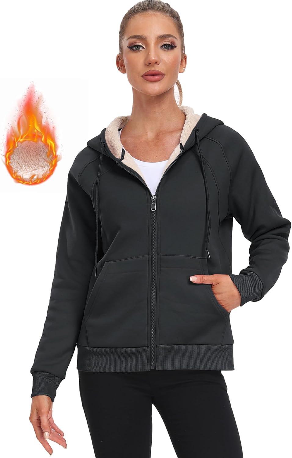 imageMoFiz Womens Fleece Zip Up Hoodie Warm and Cozy Sherpa Lined Sweatshirt Winter Hoodie Jackets for Women with PocketsDark Gray