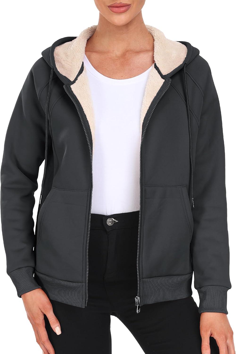 imageMoFiz Womens Fleece Zip Up Hoodie Warm and Cozy Sherpa Lined Sweatshirt Winter Hoodie Jackets for Women with PocketsDark Gray