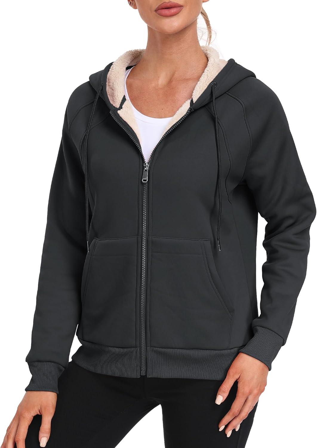 imageMoFiz Womens Fleece Zip Up Hoodie Warm and Cozy Sherpa Lined Sweatshirt Winter Hoodie Jackets for Women with PocketsDark Gray