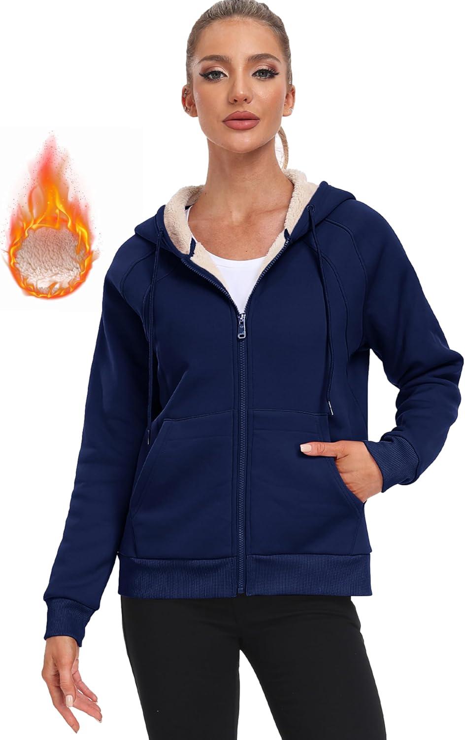 imageMoFiz Womens Fleece Zip Up Hoodie Warm and Cozy Sherpa Lined Sweatshirt Winter Hoodie Jackets for Women with PocketsNavy Blue