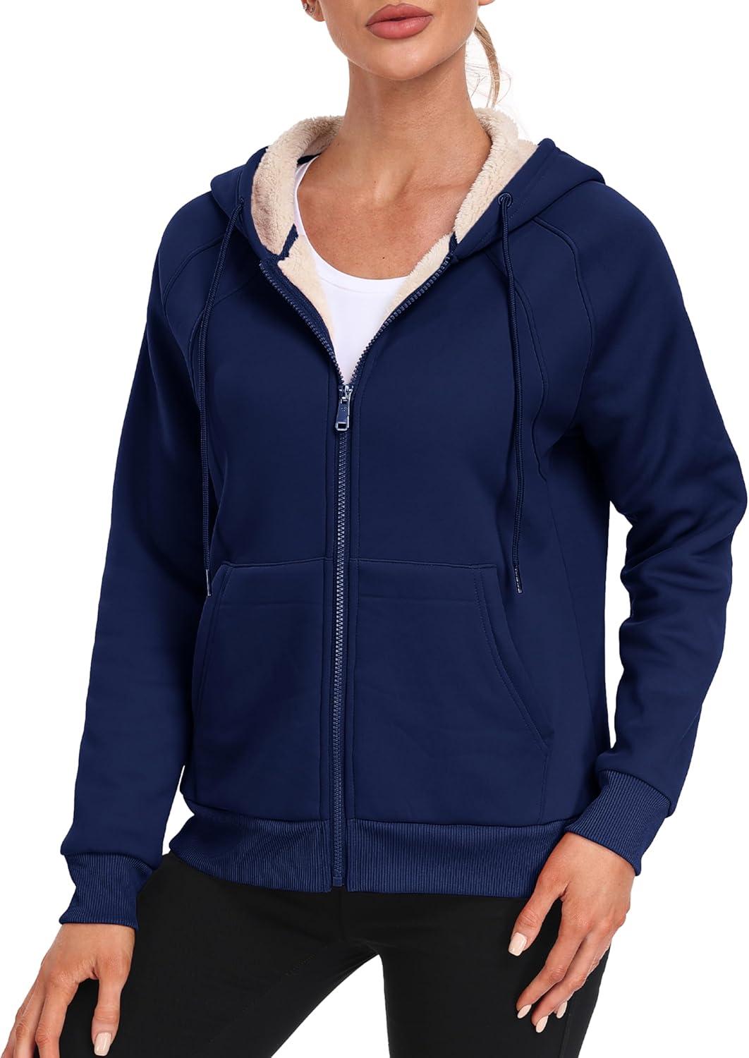 imageMoFiz Womens Fleece Zip Up Hoodie Warm and Cozy Sherpa Lined Sweatshirt Winter Hoodie Jackets for Women with PocketsNavy Blue