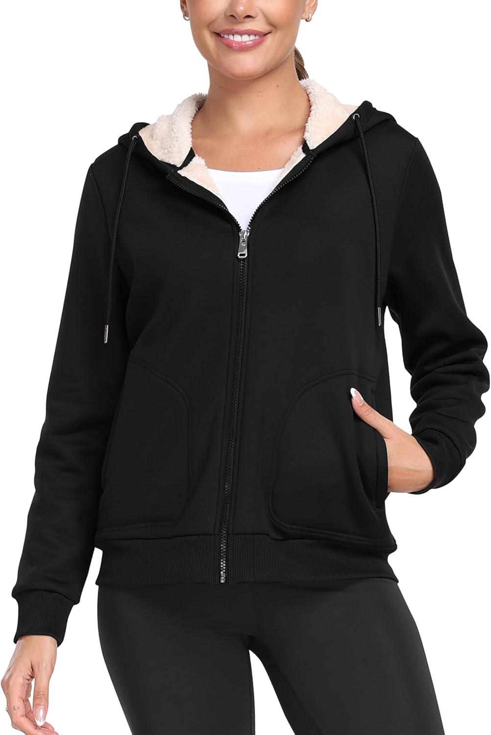 imageMoFiz Womens Fleece Zip Up Hoodie Warm and Cozy Sherpa Lined Sweatshirt Winter Hoodie Jackets for Women with PocketsY01black