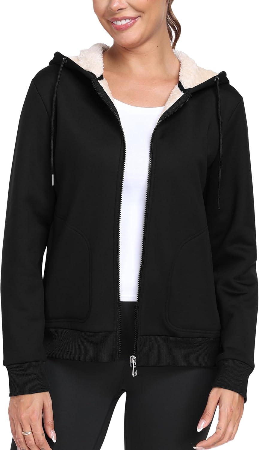 imageMoFiz Womens Fleece Zip Up Hoodie Warm and Cozy Sherpa Lined Sweatshirt Winter Hoodie Jackets for Women with PocketsY01black
