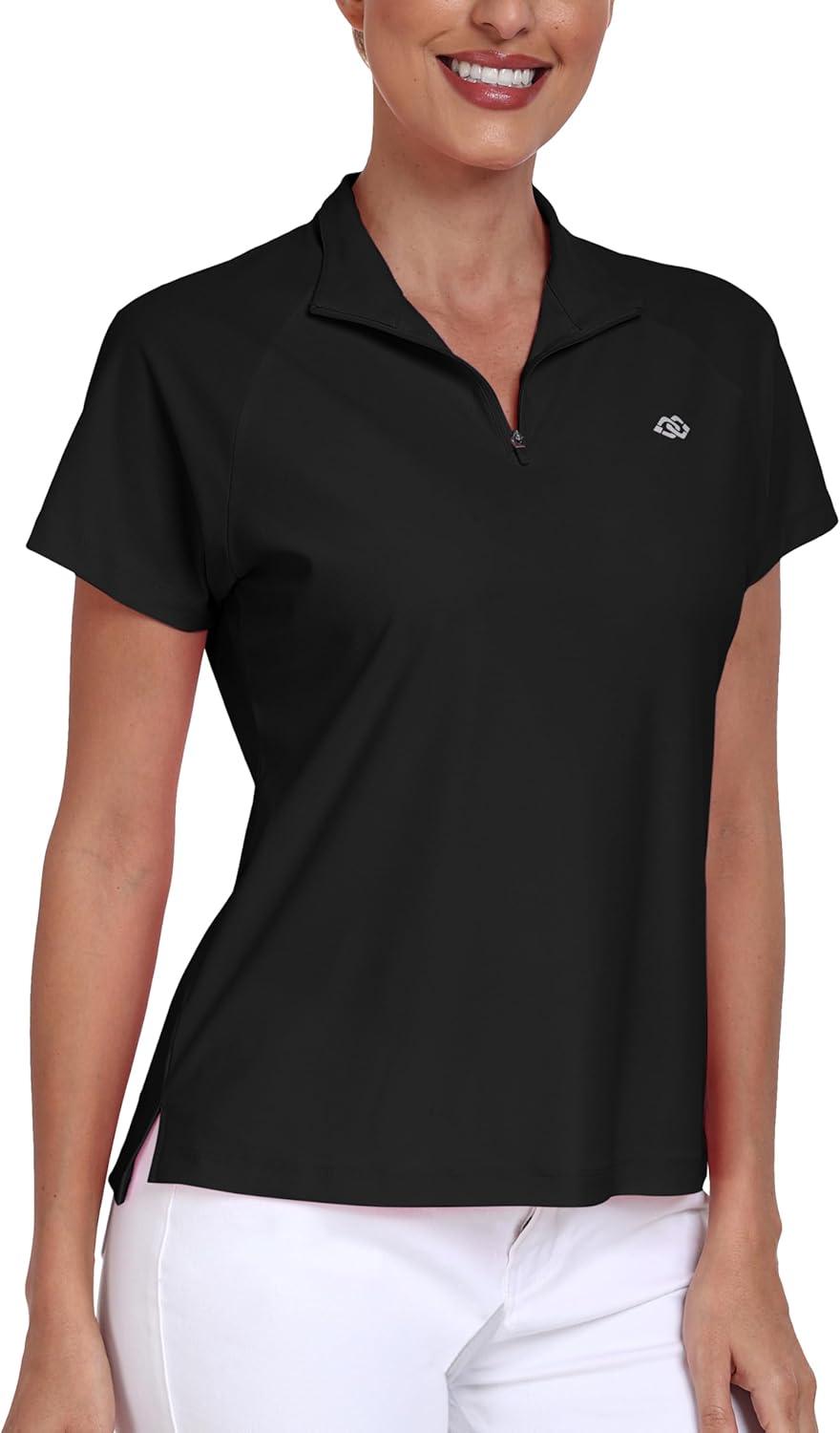 imageMoFiz Womens Golf Polo Shirt UPF 50 Sun Protection QuickDry Short Sleeve TShirt 14 Zip Collared Athletic Tennis TopsBlack