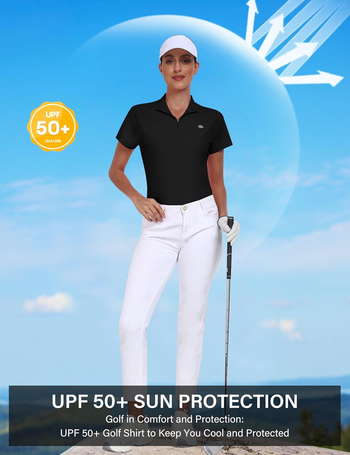 imageMoFiz Womens Golf Polo Shirt UPF 50 Sun Protection QuickDry Short Sleeve TShirt 14 Zip Collared Athletic Tennis TopsBlack