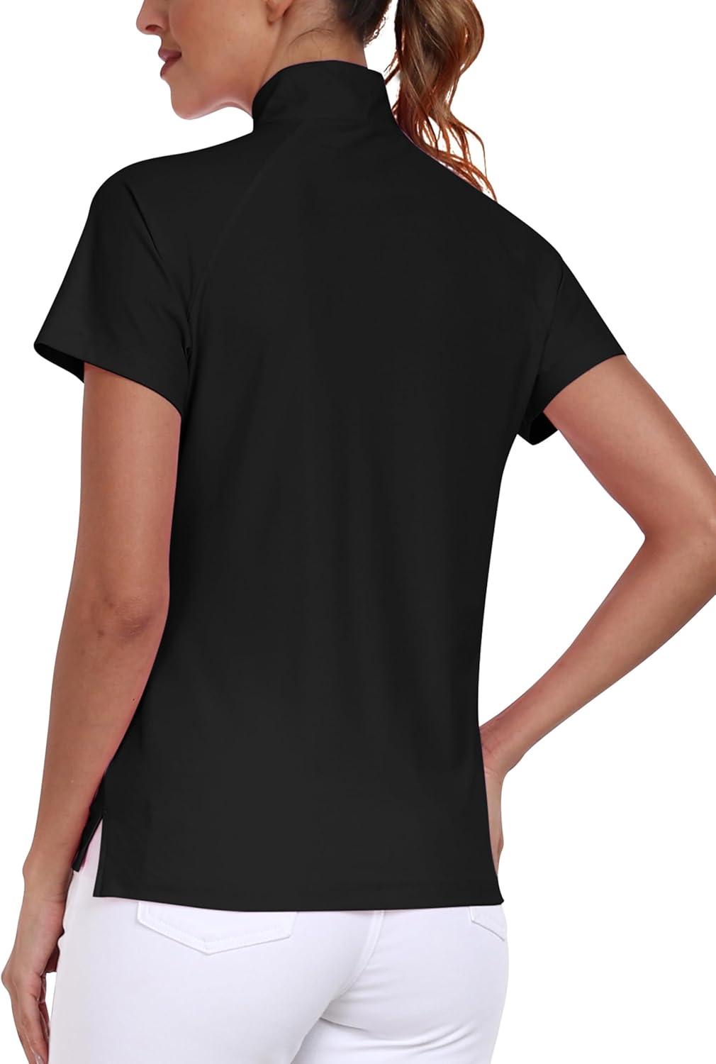 imageMoFiz Womens Golf Polo Shirt UPF 50 Sun Protection QuickDry Short Sleeve TShirt 14 Zip Collared Athletic Tennis TopsBlack