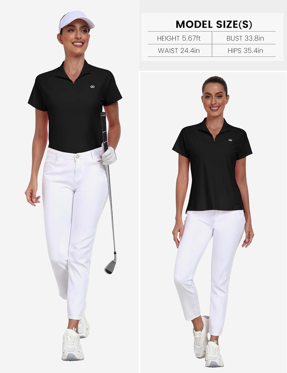 imageMoFiz Womens Golf Polo Shirt UPF 50 Sun Protection QuickDry Short Sleeve TShirt 14 Zip Collared Athletic Tennis TopsBlack
