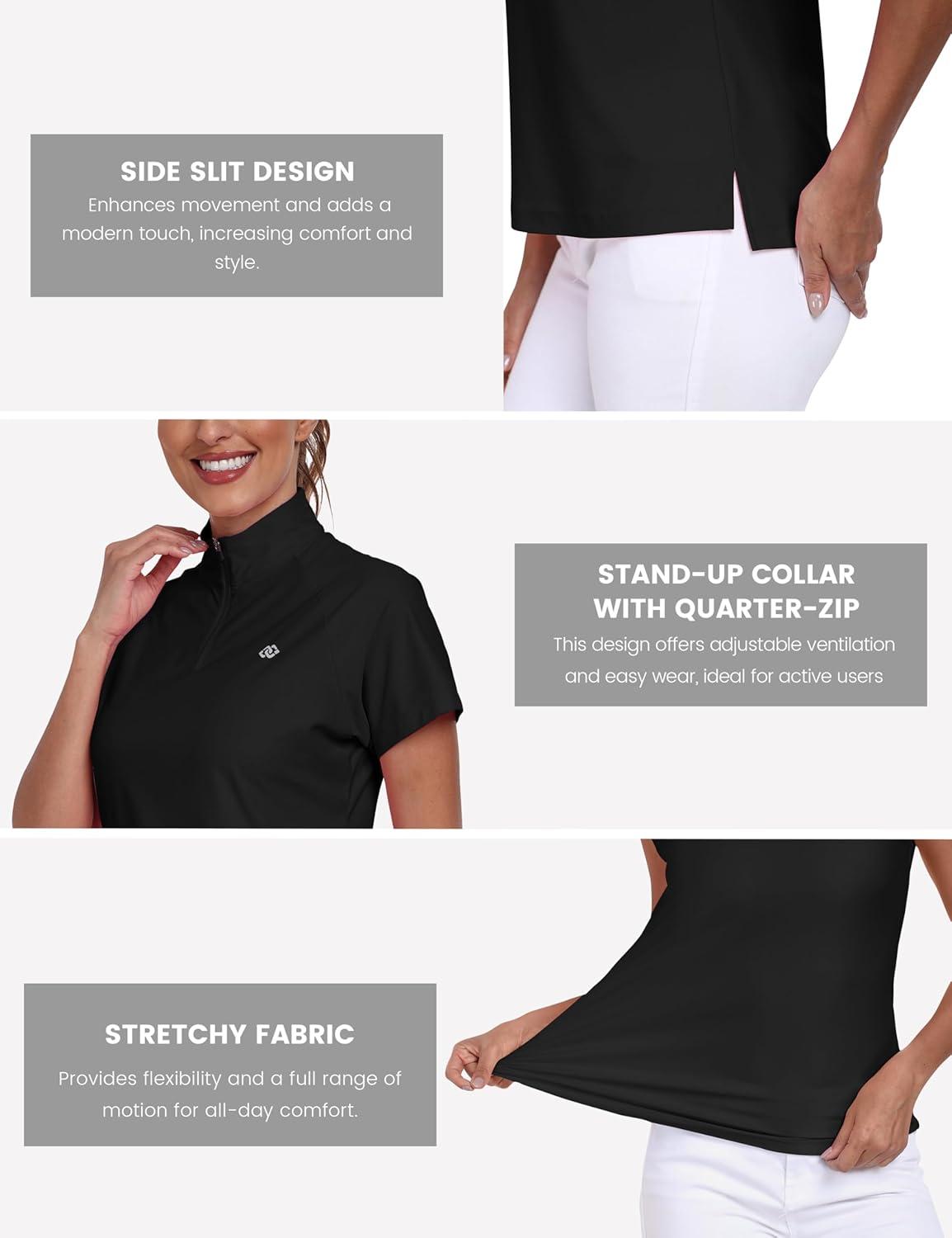 imageMoFiz Womens Golf Polo Shirt UPF 50 Sun Protection QuickDry Short Sleeve TShirt 14 Zip Collared Athletic Tennis TopsBlack