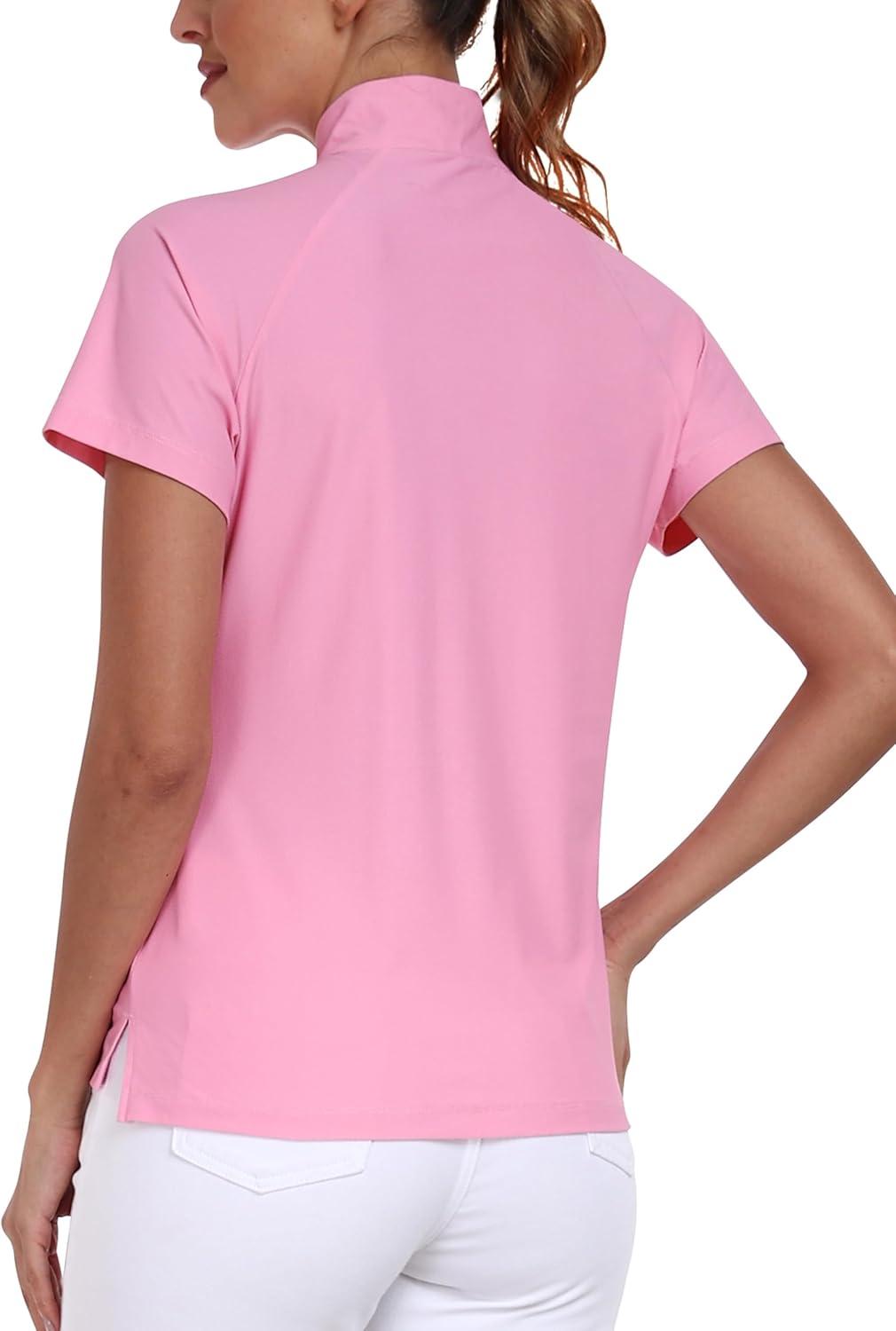 imageMoFiz Womens Golf Polo Shirt UPF 50 Sun Protection QuickDry Short Sleeve TShirt 14 Zip Collared Athletic Tennis TopsPink