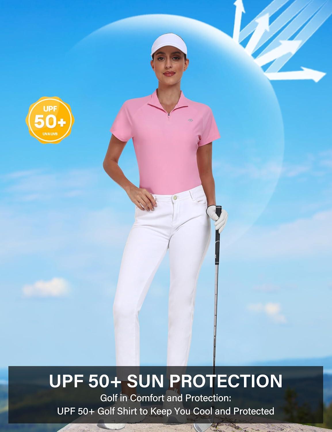 imageMoFiz Womens Golf Polo Shirt UPF 50 Sun Protection QuickDry Short Sleeve TShirt 14 Zip Collared Athletic Tennis TopsPink