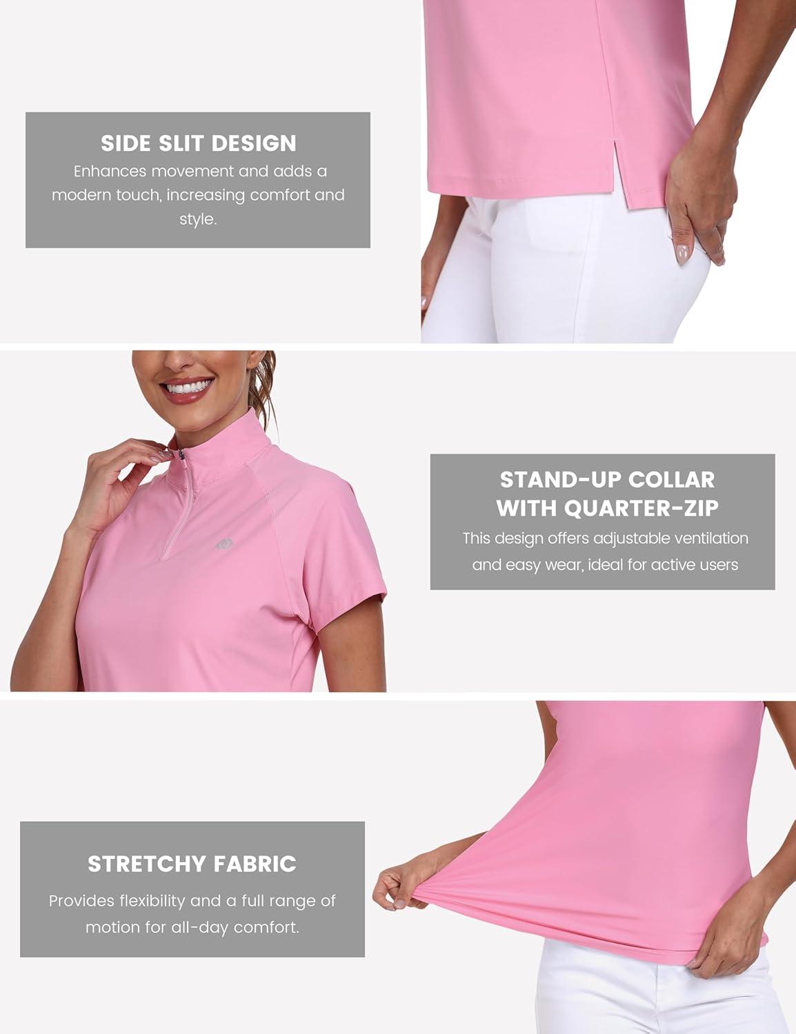 imageMoFiz Womens Golf Polo Shirt UPF 50 Sun Protection QuickDry Short Sleeve TShirt 14 Zip Collared Athletic Tennis TopsPink