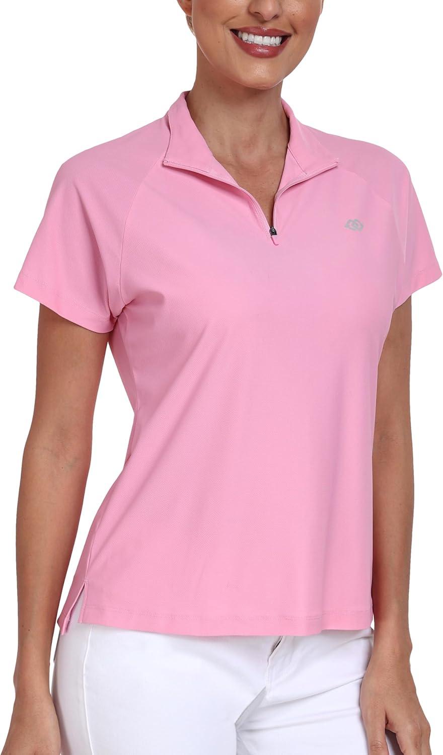 imageMoFiz Womens Golf Polo Shirt UPF 50 Sun Protection QuickDry Short Sleeve TShirt 14 Zip Collared Athletic Tennis TopsPink