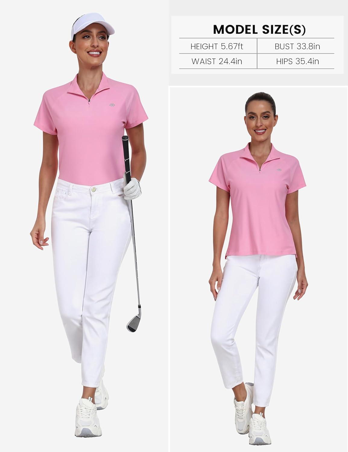 imageMoFiz Womens Golf Polo Shirt UPF 50 Sun Protection QuickDry Short Sleeve TShirt 14 Zip Collared Athletic Tennis TopsPink