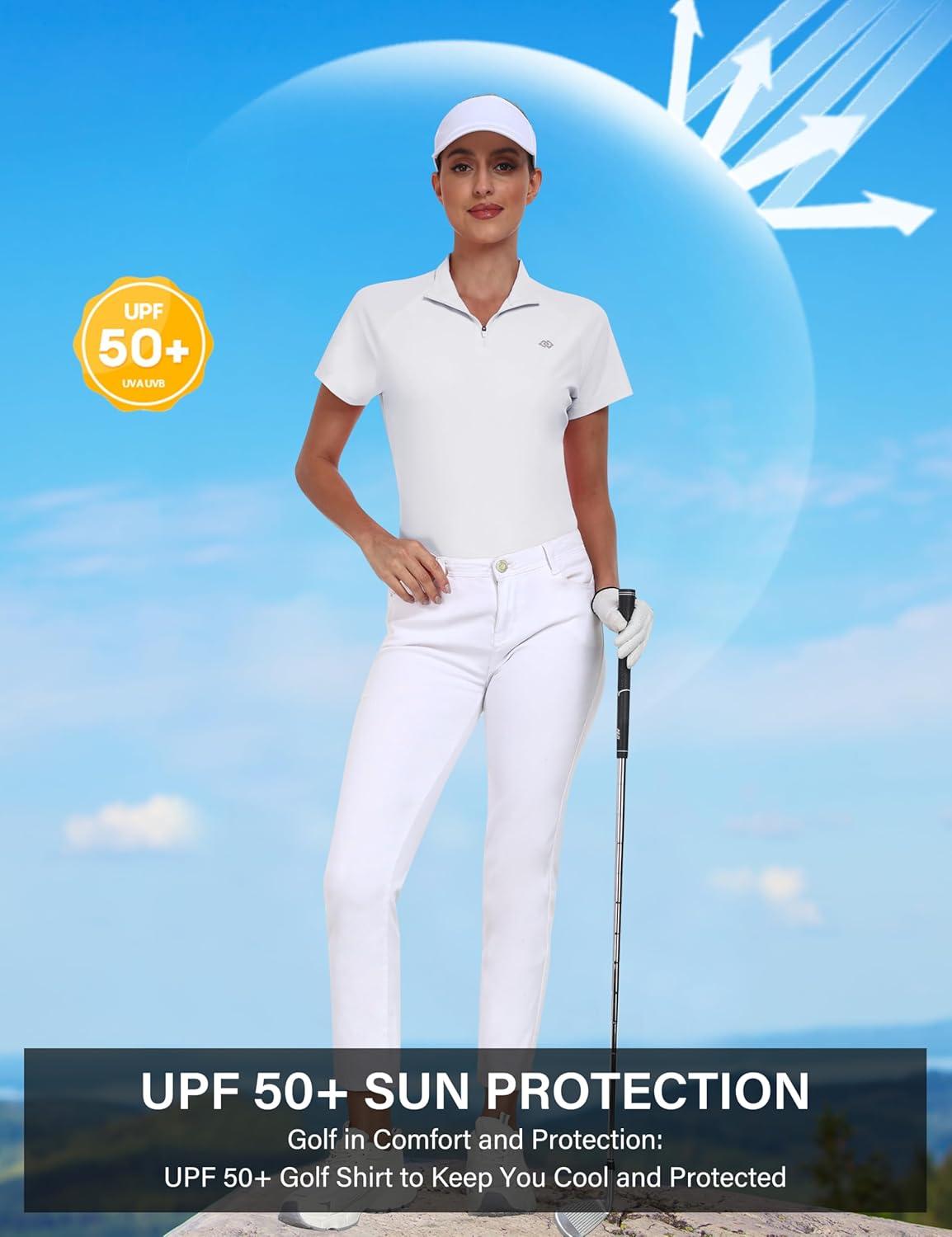 imageMoFiz Womens Golf Polo Shirt UPF 50 Sun Protection QuickDry Short Sleeve TShirt 14 Zip Collared Athletic Tennis TopsWhite