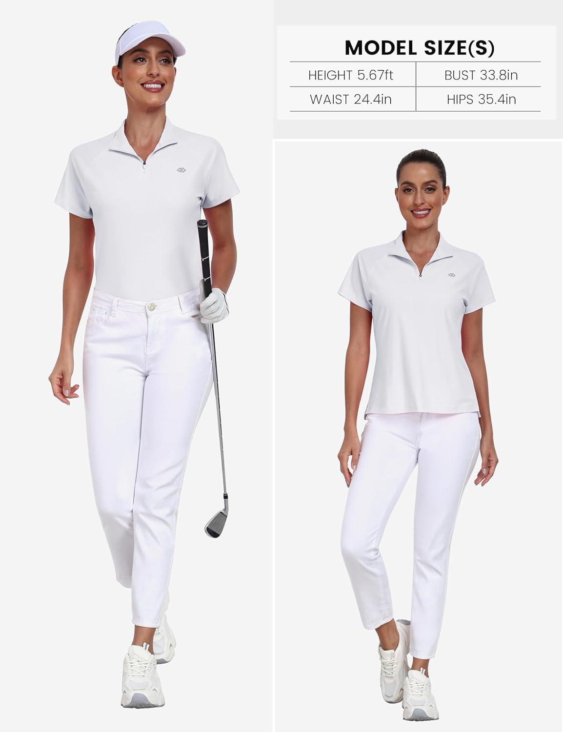 imageMoFiz Womens Golf Polo Shirt UPF 50 Sun Protection QuickDry Short Sleeve TShirt 14 Zip Collared Athletic Tennis TopsWhite