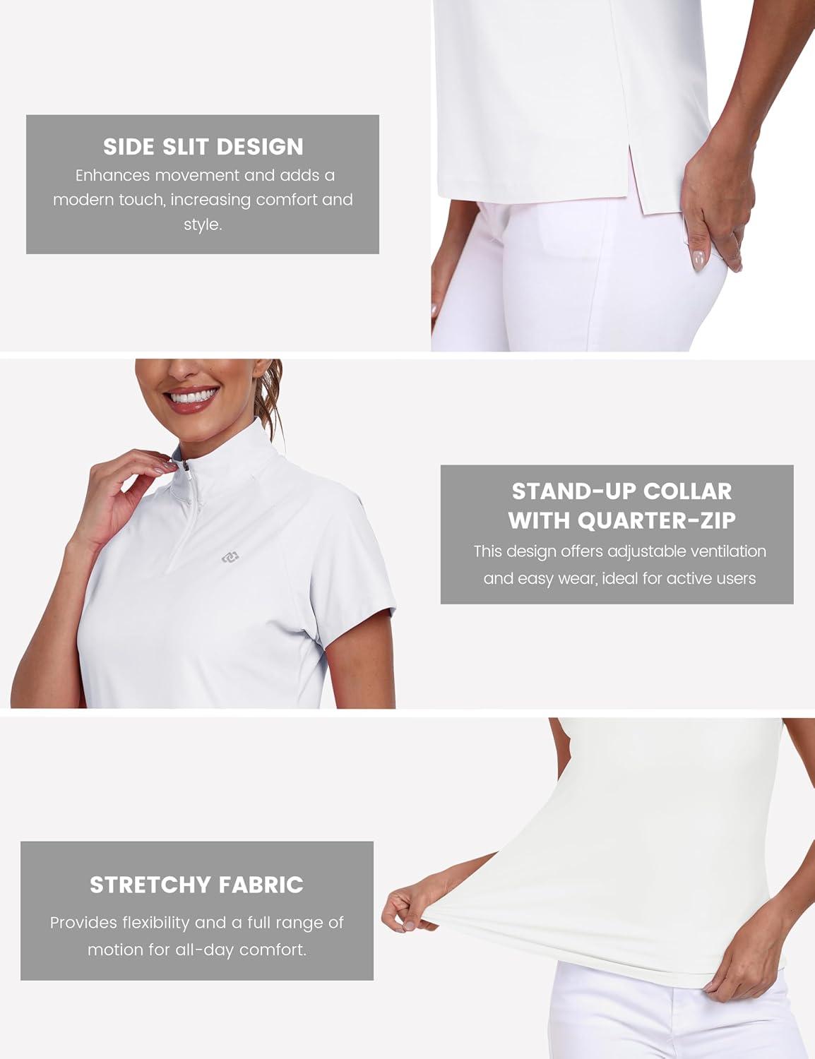 imageMoFiz Womens Golf Polo Shirt UPF 50 Sun Protection QuickDry Short Sleeve TShirt 14 Zip Collared Athletic Tennis TopsWhite