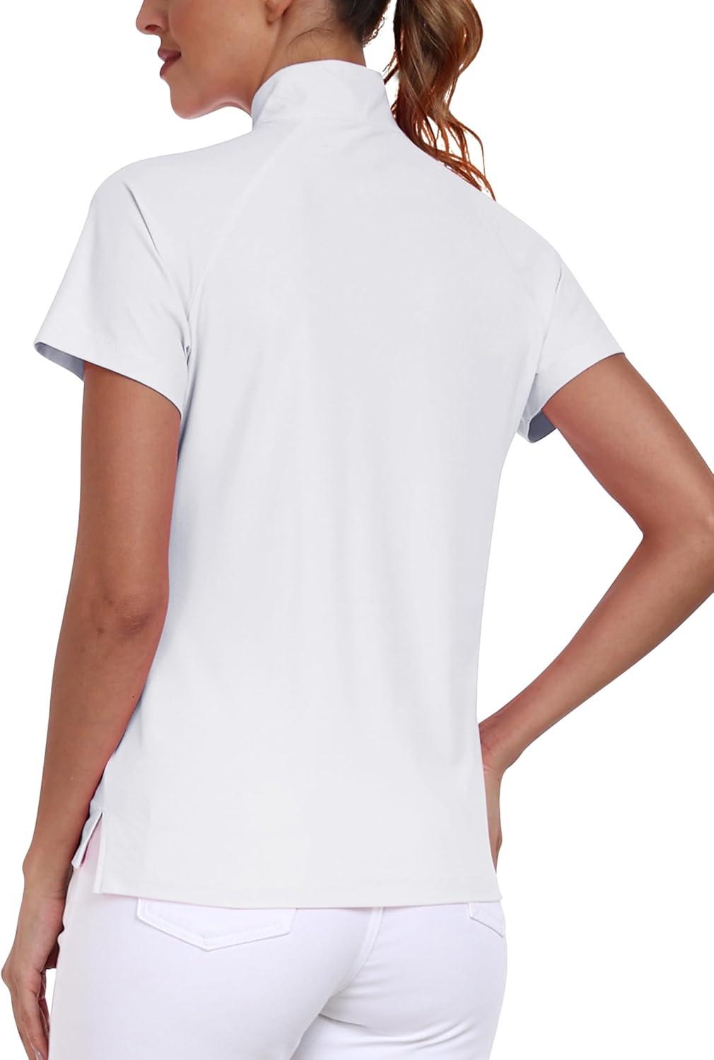 imageMoFiz Womens Golf Polo Shirt UPF 50 Sun Protection QuickDry Short Sleeve TShirt 14 Zip Collared Athletic Tennis TopsWhite